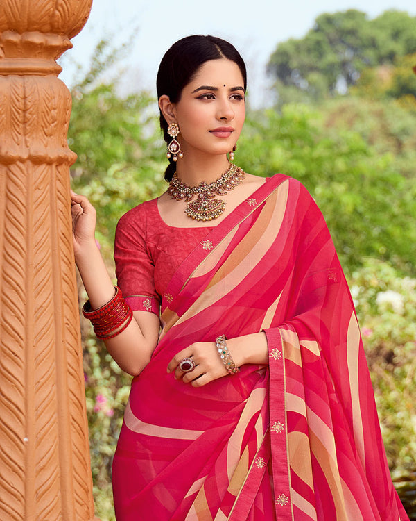 Vishal Prints Pastel Red Printed Georgette Saree With Fancy Border