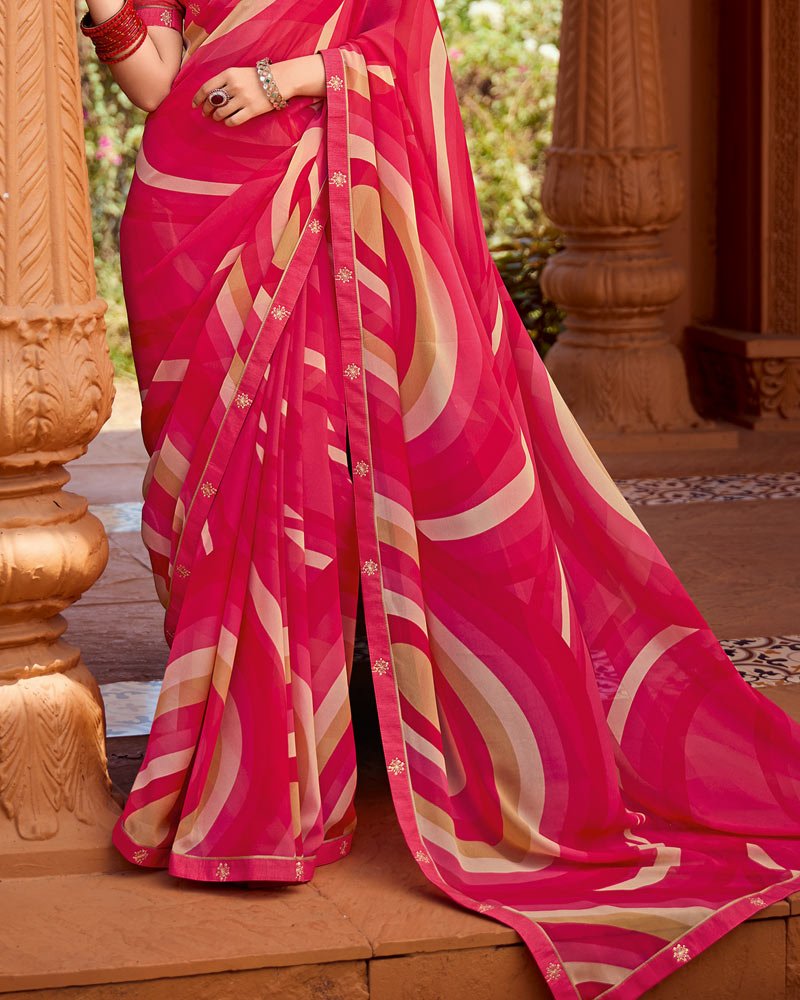 Vishal Prints Pastel Red Printed Georgette Saree With Fancy Border