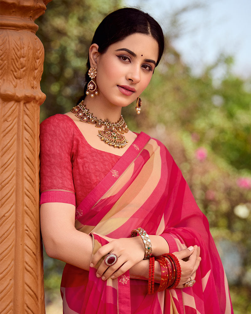 Vishal Prints Pastel Red Printed Georgette Saree With Fancy Border