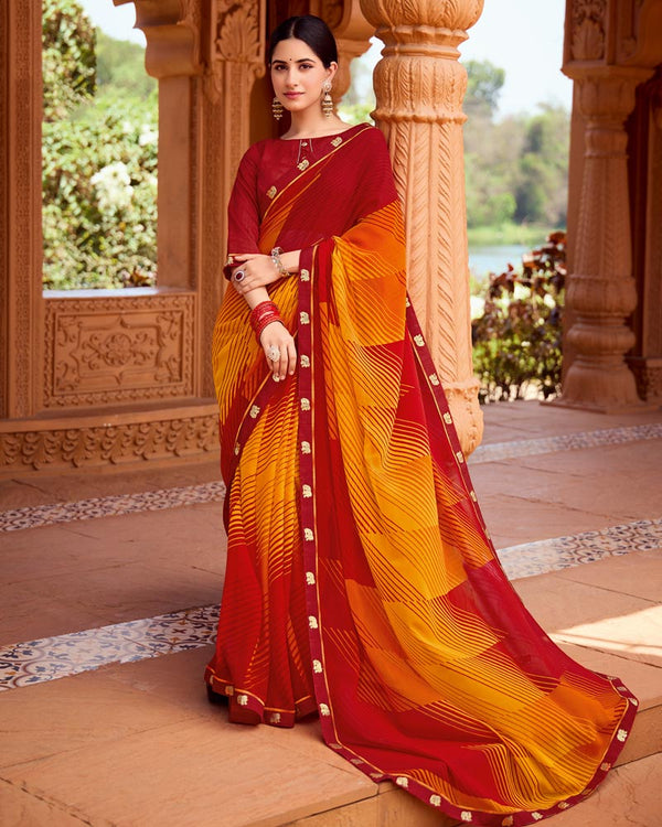 Vishal Prints Brick Red Printed Georgette Saree With Fancy Border