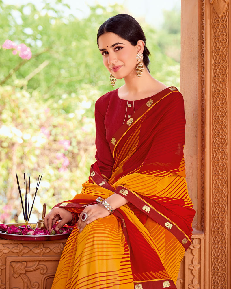 Vishal Prints Brick Red Printed Georgette Saree With Fancy Border