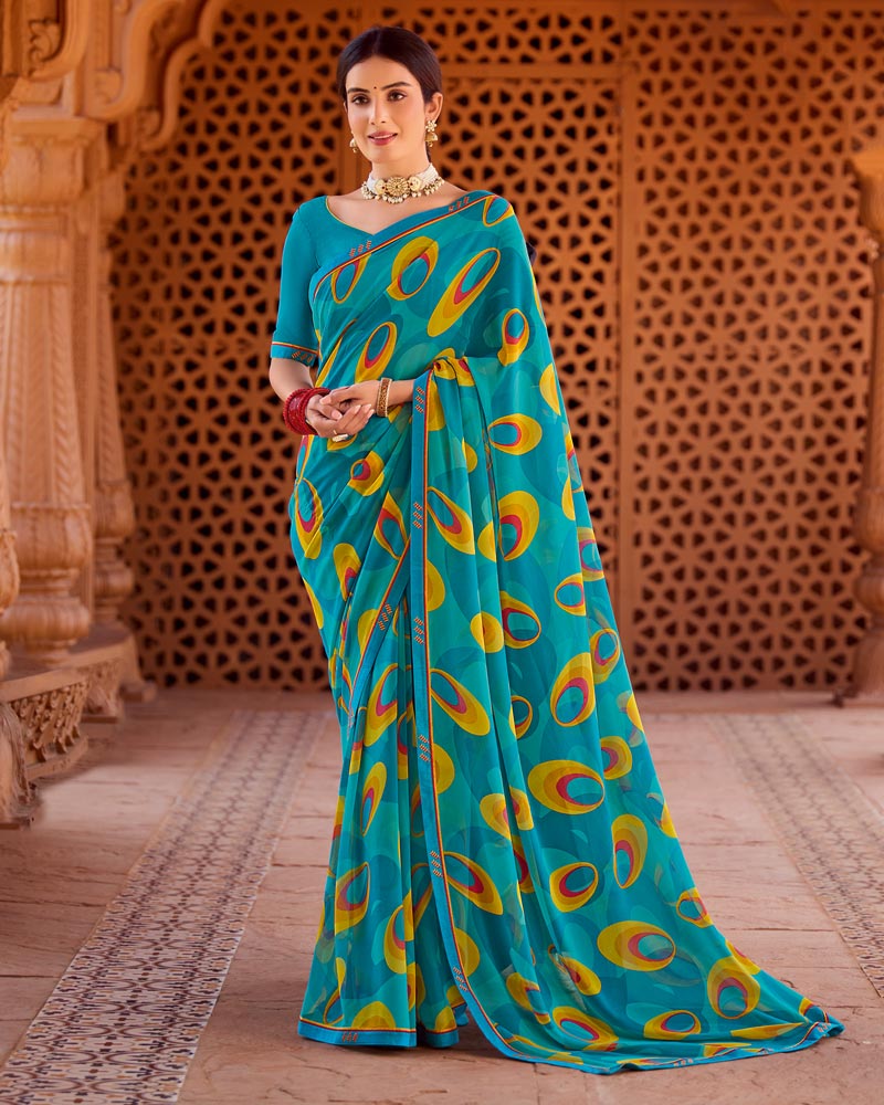 Vishal Prints Ocean Blue Printed Georgette Saree With Fancy Border