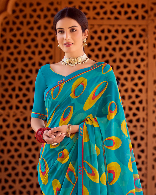 Vishal Prints Ocean Blue Printed Georgette Saree With Fancy Border
