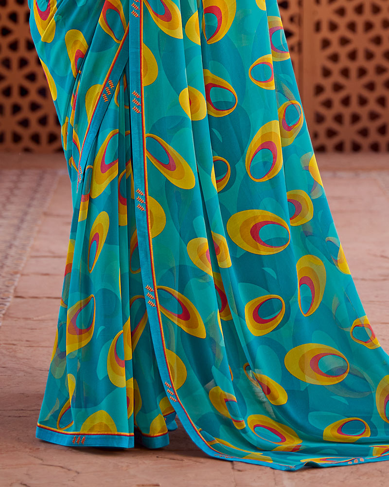 Vishal Prints Ocean Blue Printed Georgette Saree With Fancy Border