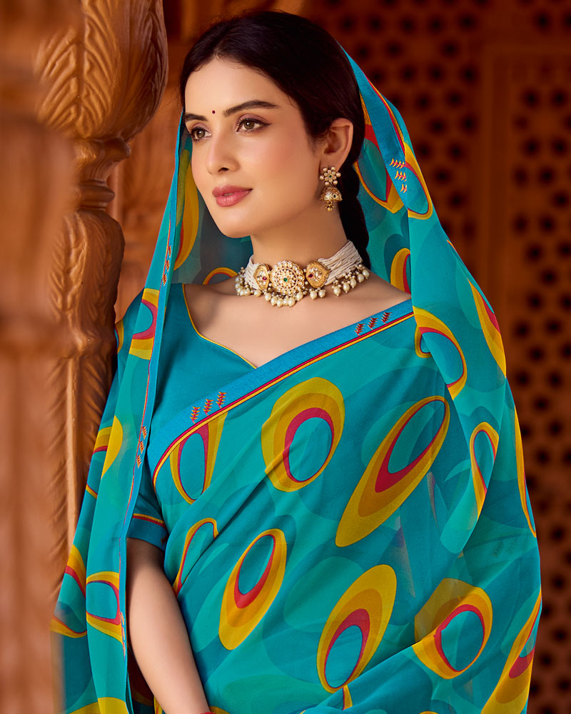Vishal Prints Ocean Blue Printed Georgette Saree With Fancy Border