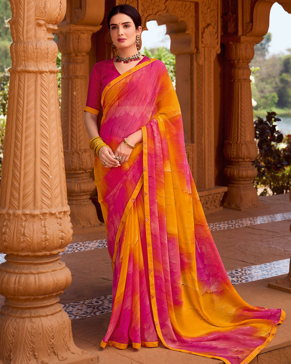 Vishal Prints Carmine Pink Printed Georgette Saree With Fancy Border