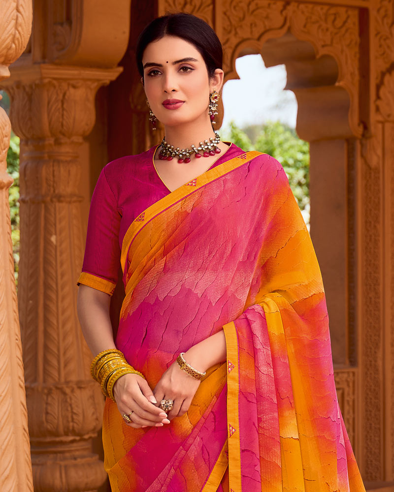 Vishal Prints Carmine Pink Printed Georgette Saree With Fancy Border