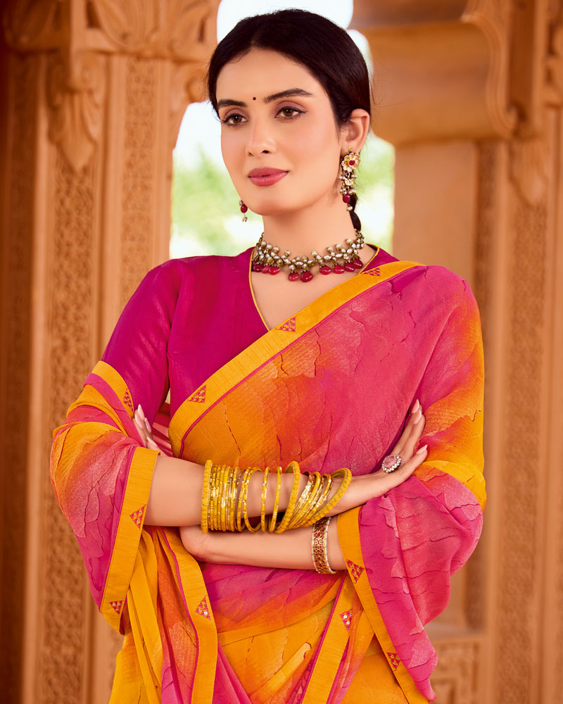 Vishal Prints Carmine Pink Printed Georgette Saree With Fancy Border