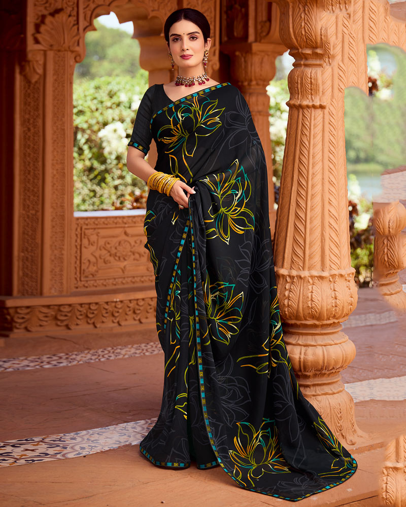 Vishal Prints Charcoal Black Printed Georgette Saree With Fancy Border