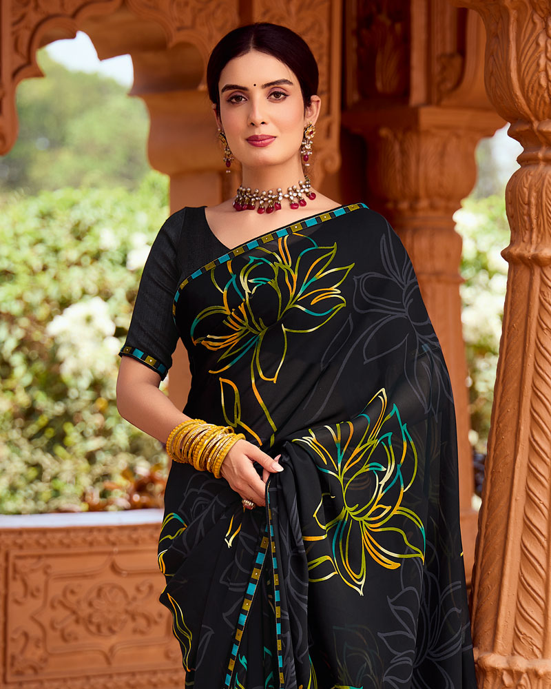 Vishal Prints Charcoal Black Printed Georgette Saree With Fancy Border