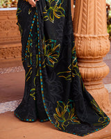 Vishal Prints Charcoal Black Printed Georgette Saree With Fancy Border