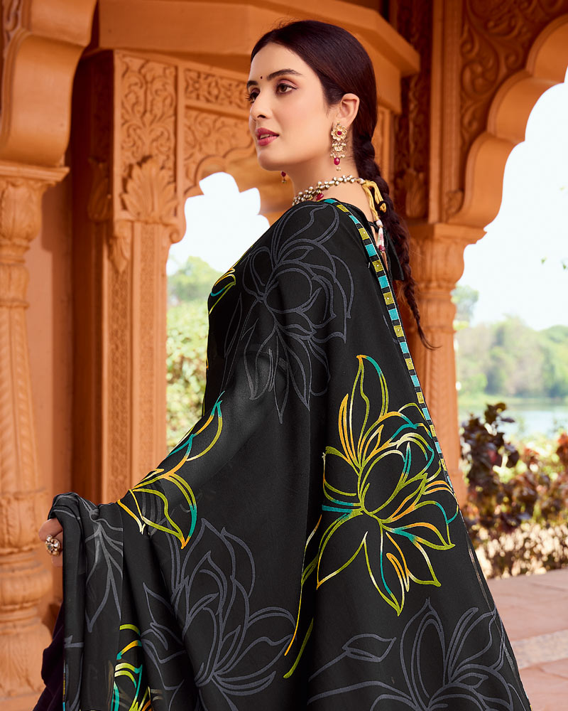 Vishal Prints Charcoal Black Printed Georgette Saree With Fancy Border