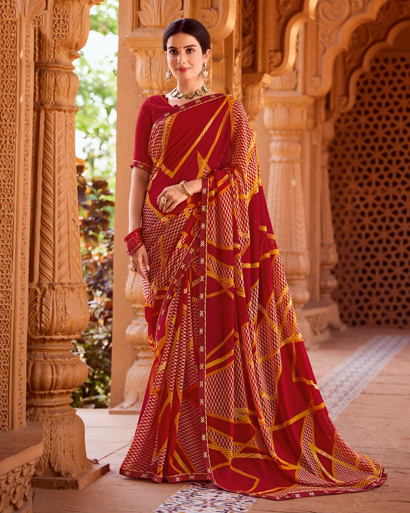Vishal Prints Paprika Red Printed Georgette Saree With Fancy Border