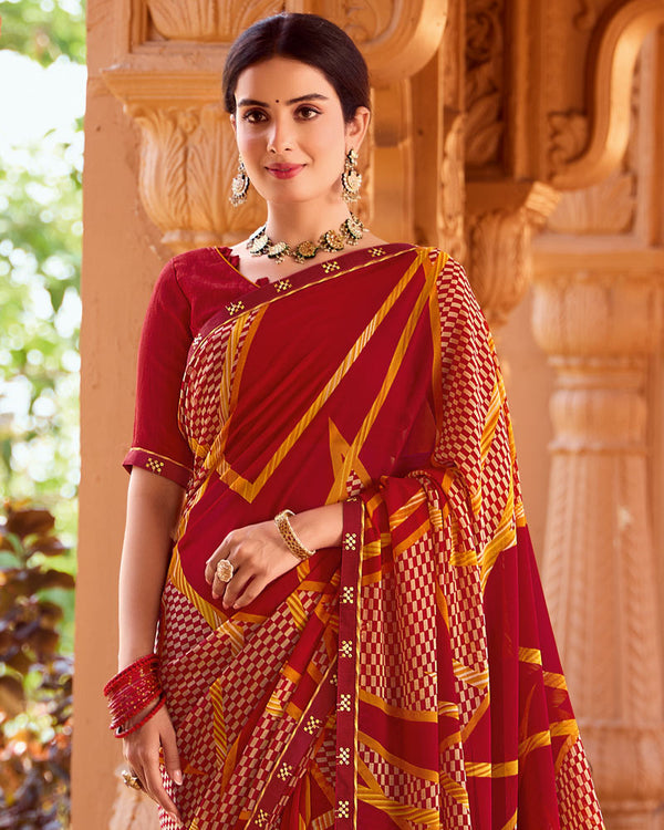 Vishal Prints Paprika Red Printed Georgette Saree With Fancy Border