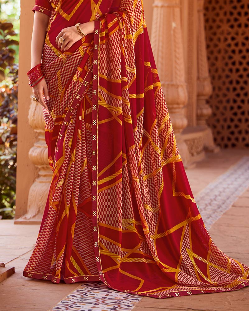 Vishal Prints Paprika Red Printed Georgette Saree With Fancy Border