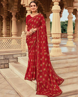 Vishal Prints Shiraz Red Printed Chiffon Traditional Print Saree With Foil Print And Fancy Border