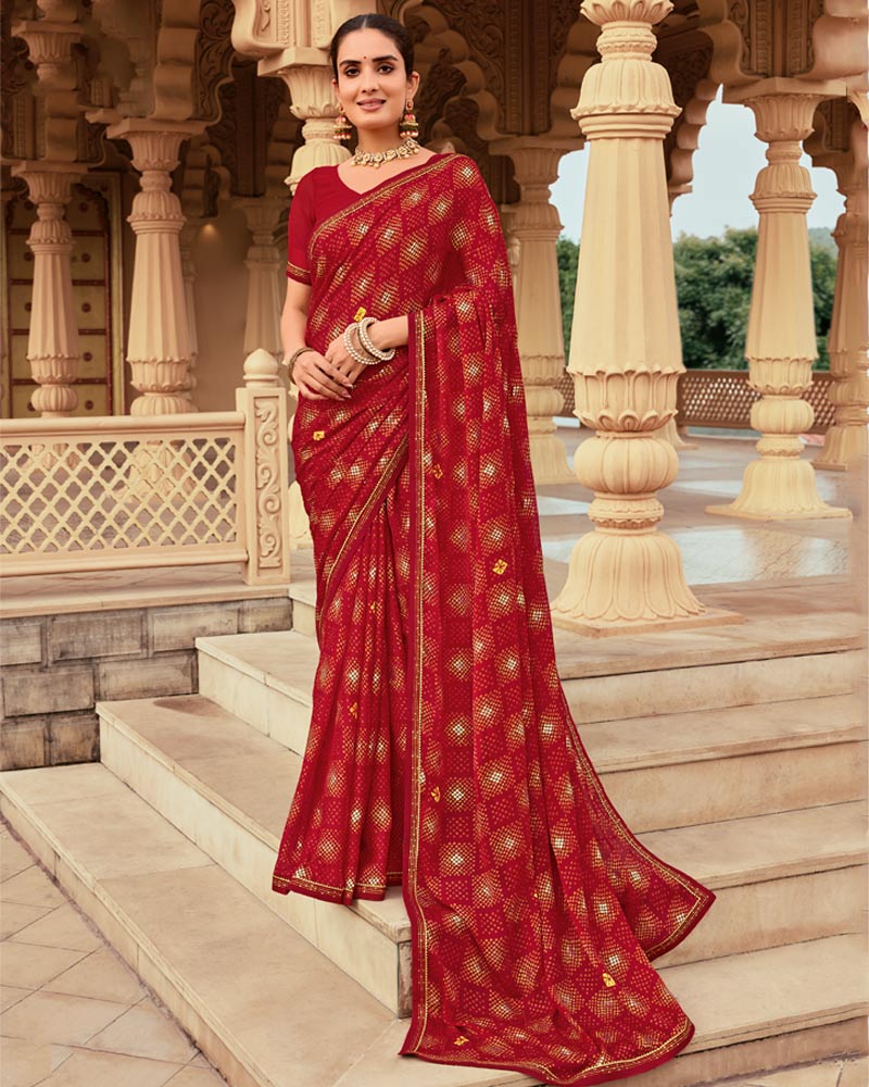 Vishal Prints Shiraz Red Printed Chiffon Traditional Print Saree With Foil Print And Fancy Border