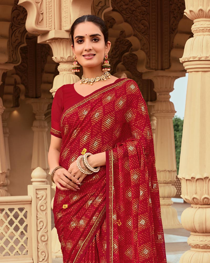 Vishal Prints Shiraz Red Printed Chiffon Traditional Print Saree With Foil Print And Fancy Border