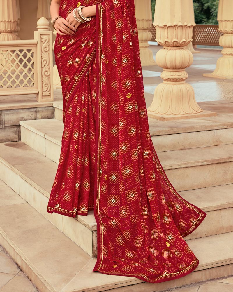 Vishal Prints Shiraz Red Printed Chiffon Traditional Print Saree With Foil Print And Fancy Border
