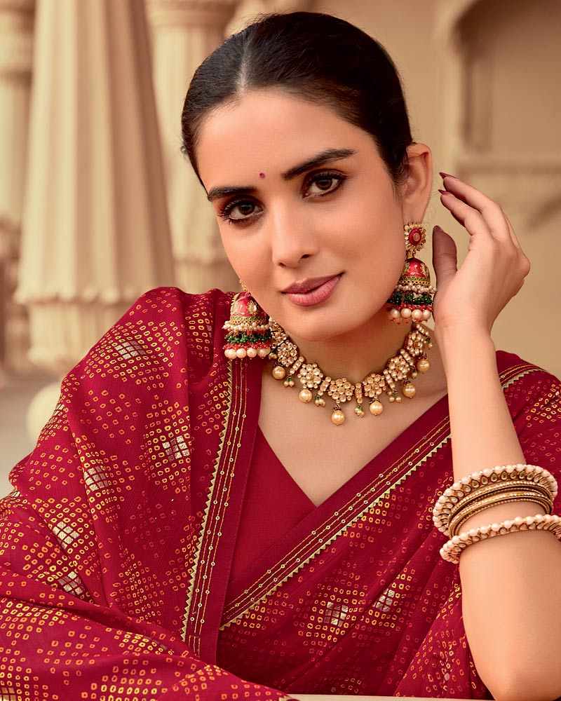 Vishal Prints Shiraz Red Printed Chiffon Traditional Print Saree With Foil Print And Fancy Border