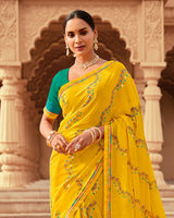 Vishal Prints Burnt Yellow Printed Georgette Saree With Foil Print And Fancy Border