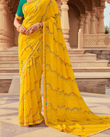 Vishal Prints Burnt Yellow Printed Georgette Saree With Foil Print And Fancy Border