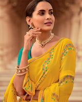 Vishal Prints Burnt Yellow Printed Georgette Saree With Foil Print And Fancy Border
