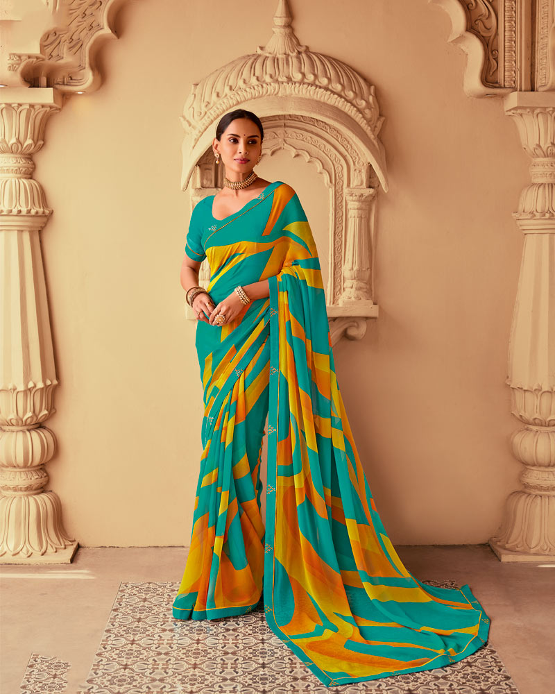 Vishal Prints Aqua Green And Burnt Orange Printed Georgette Saree With Fancy Border