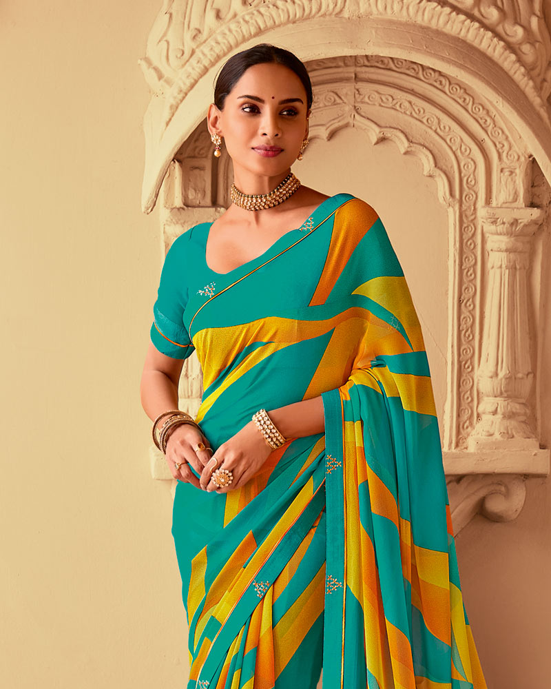 Vishal Prints Aqua Green And Burnt Orange Printed Georgette Saree With Fancy Border