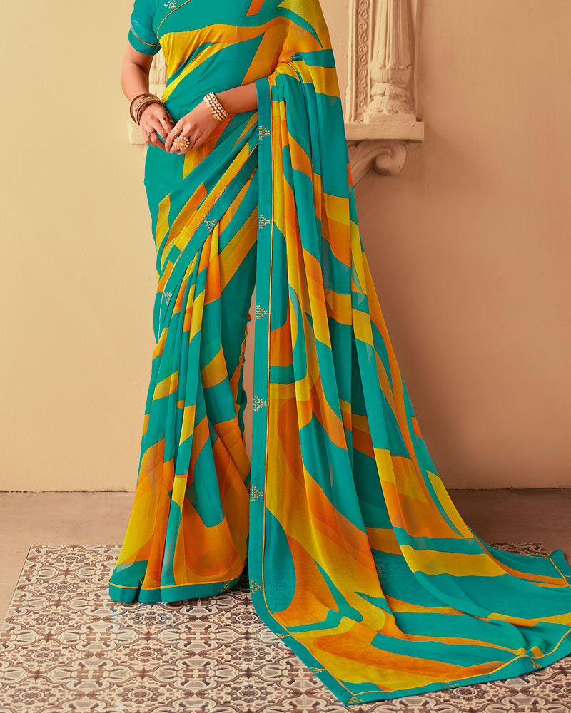 Vishal Prints Aqua Green And Burnt Orange Printed Georgette Saree With Fancy Border