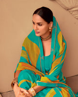 Vishal Prints Aqua Green And Burnt Orange Printed Georgette Saree With Fancy Border