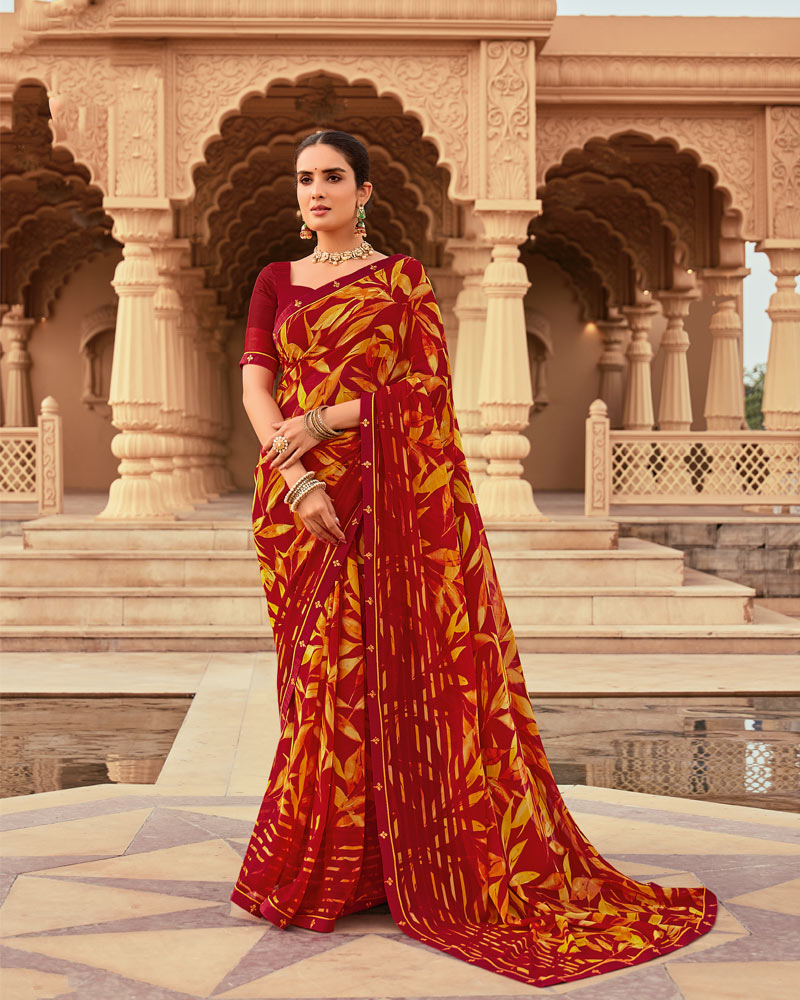 Vishal Prints Brick Red And Cadmium Orange Printed Georgette Saree With Fancy Border