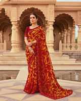 Vishal Prints Brick Red And Cadmium Orange Printed Georgette Saree With Fancy Border