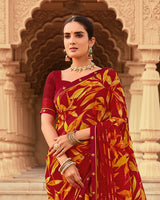 Vishal Prints Brick Red And Cadmium Orange Printed Georgette Saree With Fancy Border