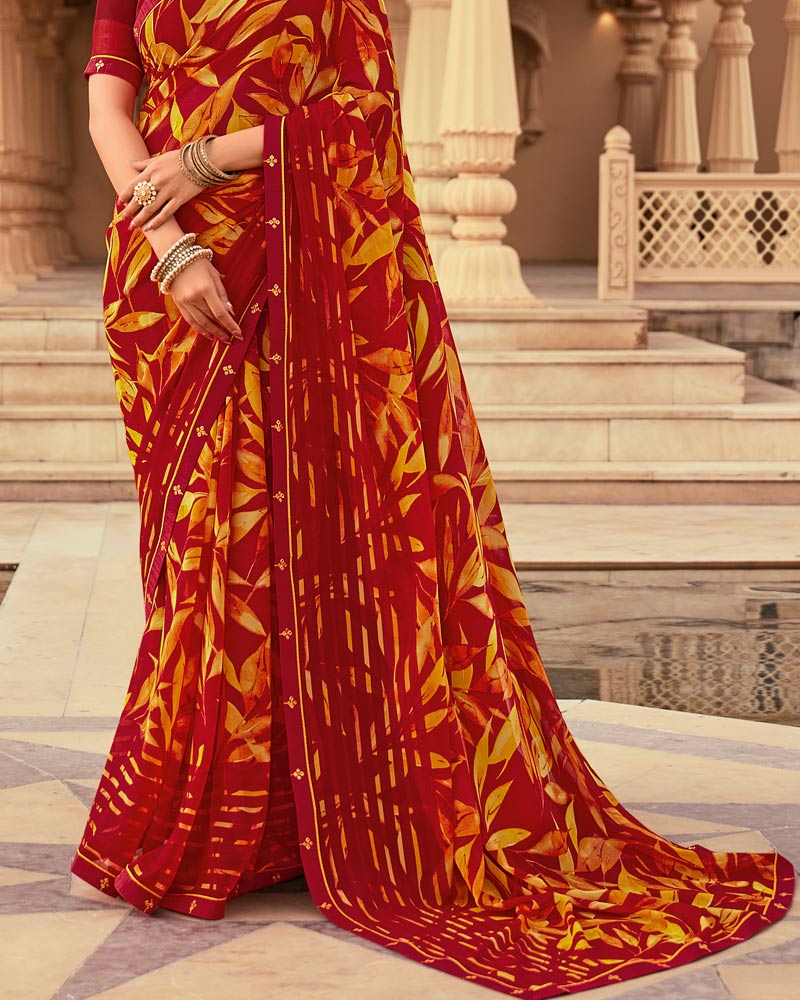 Vishal Prints Brick Red And Cadmium Orange Printed Georgette Saree With Fancy Border