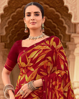 Vishal Prints Brick Red And Cadmium Orange Printed Georgette Saree With Fancy Border