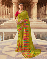 Vishal Prints Olive Green And Shiraz Red Printed Georgette Saree With Fancy Border
