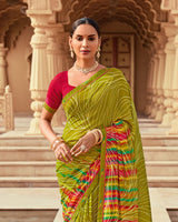 Vishal Prints Olive Green And Shiraz Red Printed Georgette Saree With Fancy Border