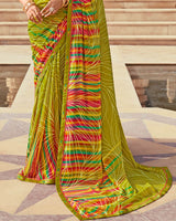 Vishal Prints Olive Green And Shiraz Red Printed Georgette Saree With Fancy Border