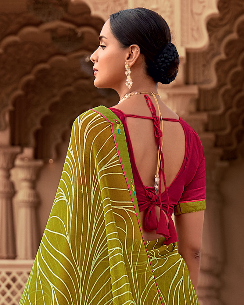 Vishal Prints Olive Green And Shiraz Red Printed Georgette Saree With Fancy Border