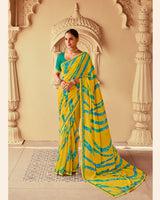 Vishal Prints Burnt Yellow Printed Georgette Saree With Fancy Border