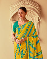 Vishal Prints Burnt Yellow Printed Georgette Saree With Fancy Border