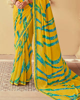 Vishal Prints Burnt Yellow Printed Georgette Saree With Fancy Border