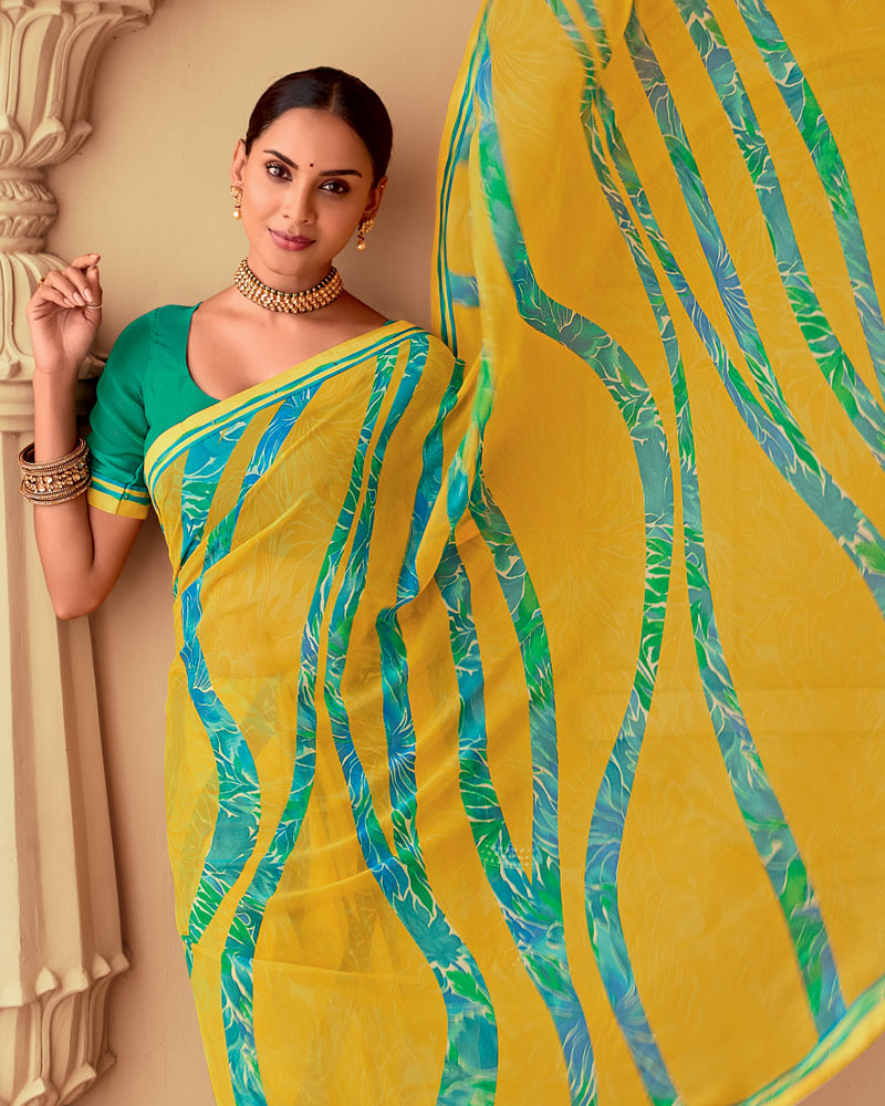 Vishal Prints Burnt Yellow Printed Georgette Saree With Fancy Border