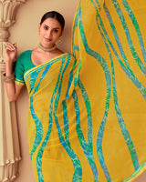 Vishal Prints Burnt Yellow Printed Georgette Saree With Fancy Border