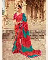 Vishal Prints Persian Red And Pine Green Printed Georgette Traditional Print Saree With Cut Work Border