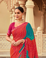 Vishal Prints Persian Red And Pine Green Printed Georgette Traditional Print Saree With Cut Work Border