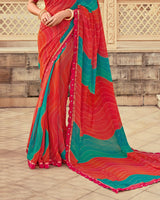 Vishal Prints Persian Red And Pine Green Printed Georgette Traditional Print Saree With Cut Work Border