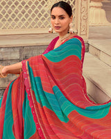 Vishal Prints Persian Red And Pine Green Printed Georgette Traditional Print Saree With Cut Work Border