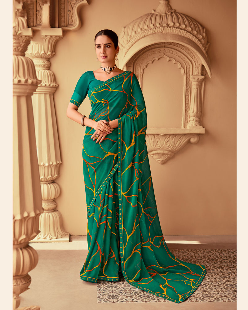 Vishal Prints Deep Sea Green Printed Georgette Saree With Fancy Border